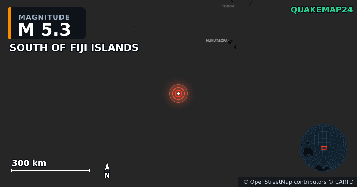 M5.3 earthquake near SOUTH OF FIJI ISLANDS on Jun 25, 2025 — map of epicenter and shaking intensity | QuakeMap24