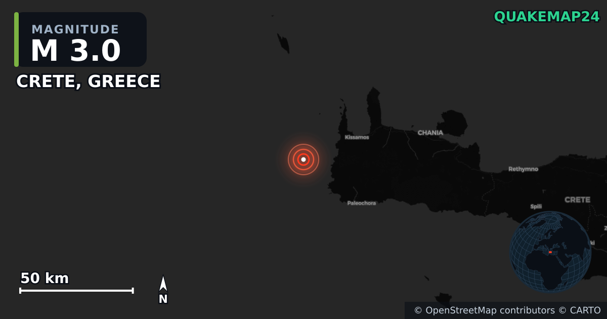 M3.0 earthquake near CRETE, GREECE on Dec 5, 2025 — map of epicenter and shaking intensity | QuakeMap24