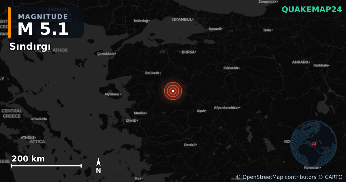 M5.1 earthquake near Sındırgı on Nov 3, 2025 — map of epicenter and shaking intensity | QuakeMap24