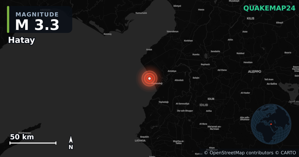 M3.3 earthquake near Hatay on Sep 22, 2025 — map of epicenter and shaking intensity | QuakeMap24