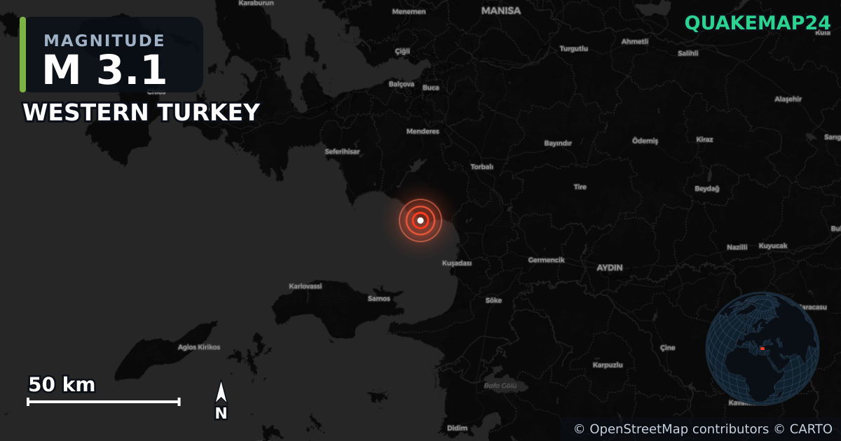 M3.1 earthquake near WESTERN TURKEY on Nov 18, 2025 — map of epicenter and shaking intensity | QuakeMap24