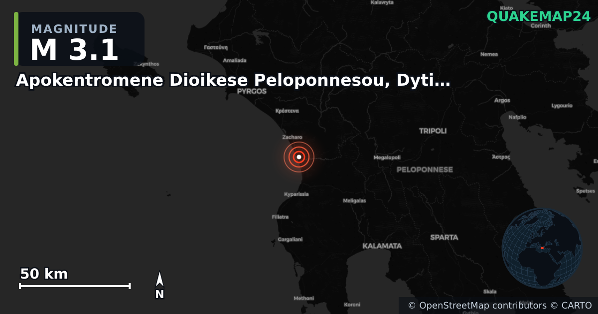 M3.1 earthquake near Apokentromene Dioikese Peloponnesou, Dytikes Elladas kai Ioniou on Nov 16, 2025 — map of epicenter and shaking intensity | QuakeMap24