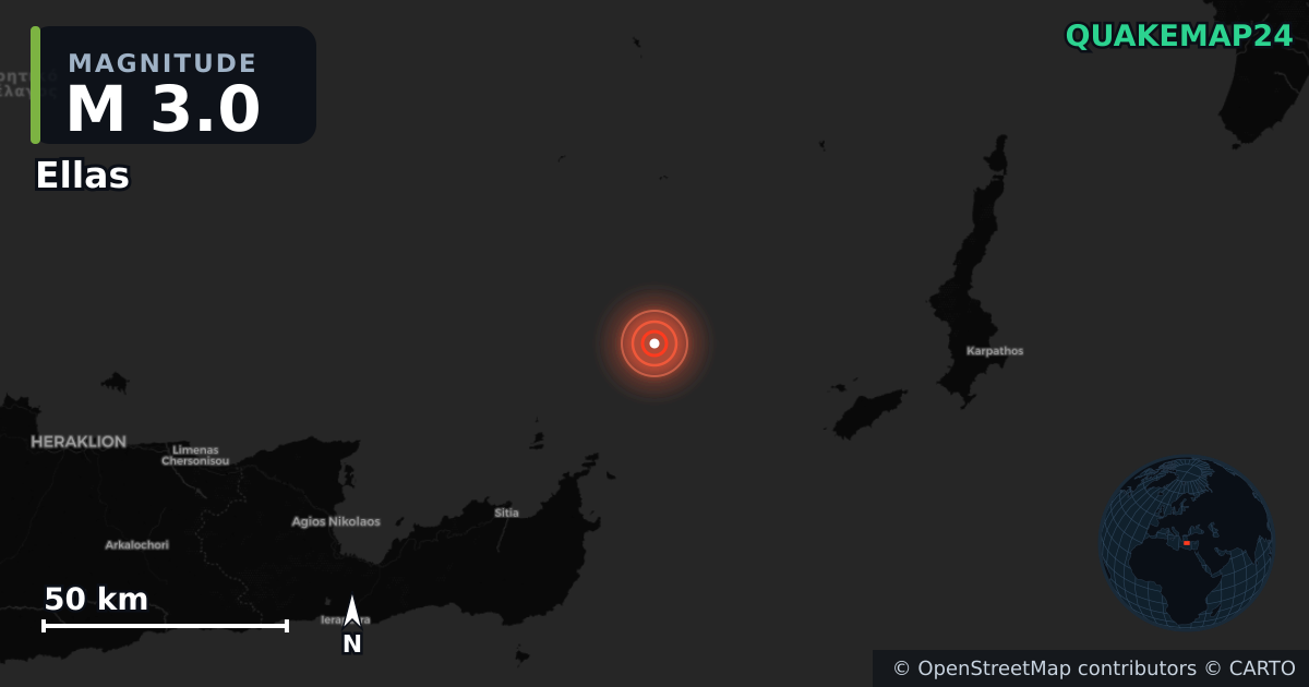 M3.0 earthquake near Ellas on May 14, 2026 — map of epicenter and shaking intensity | QuakeMap24