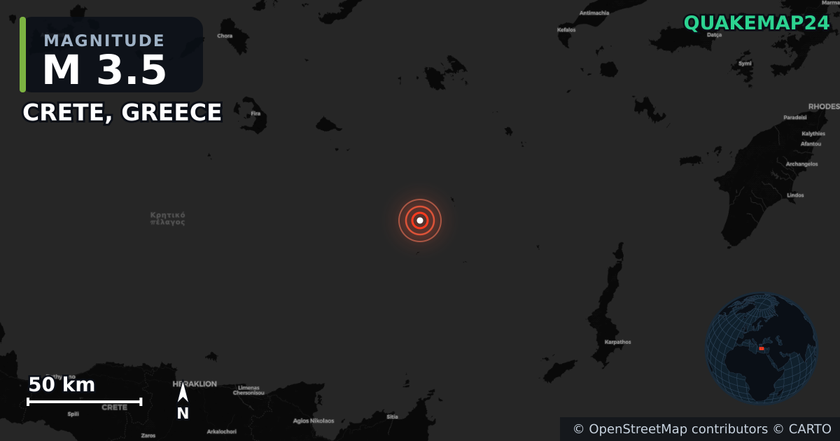 M3.5 earthquake near CRETE, GREECE on Jun 8, 2025 — map of epicenter and shaking intensity | QuakeMap24