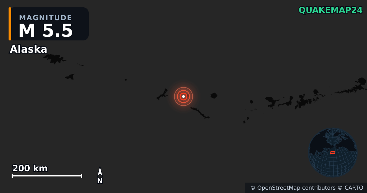 M5.5 earthquake near Alaska on Dec 13, 2025 — map of epicenter and shaking intensity | QuakeMap24