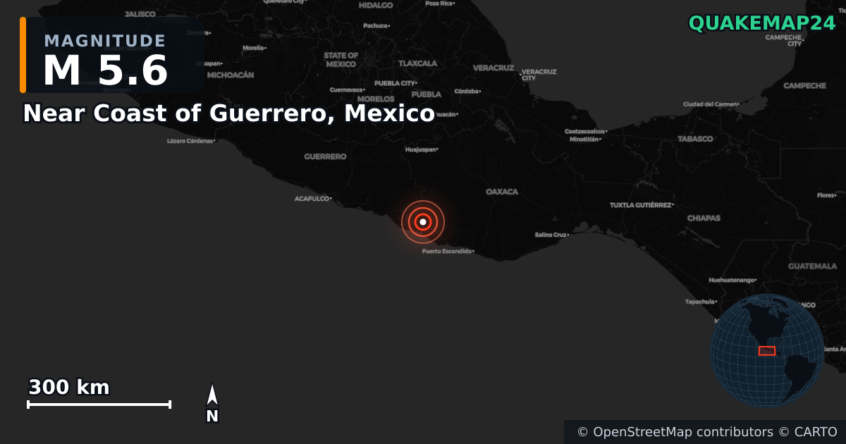 M5.6 earthquake near Near Coast of Guerrero, Mexico on May 4, 2026 — map of epicenter and shaking intensity | QuakeMap24