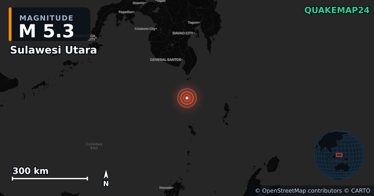 M5.3 earthquake near Sulawesi Utara on Nov 3, 2025 — map of epicenter and shaking intensity | QuakeMap24