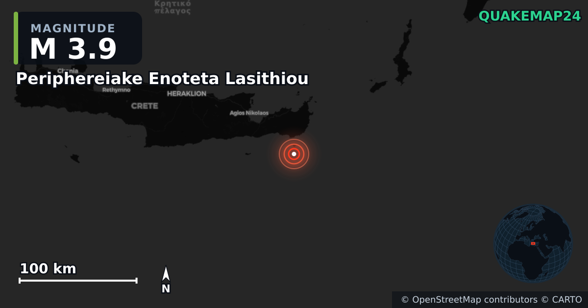 M3.9 earthquake near Periphereiake Enoteta Lasithiou on Apr 24, 2026 — map of epicenter and shaking intensity | QuakeMap24