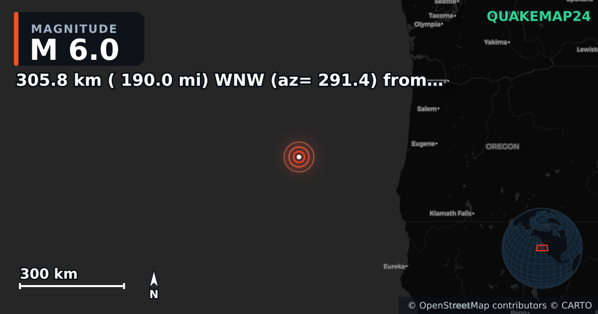 Erdbeben M6,0 bei 305.8 km ( 190.0 mi) WNW (az= 291.4) from Port Orford, OR · 2026-01-16 — Karte der Lage des Epizentrums