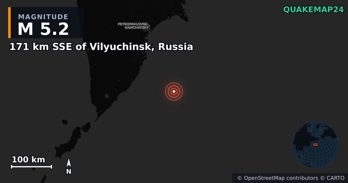 M5.2 earthquake near 171 km SSE of Vilyuchinsk, Russia on Oct 5, 2025 — map of epicenter and shaking intensity | QuakeMap24