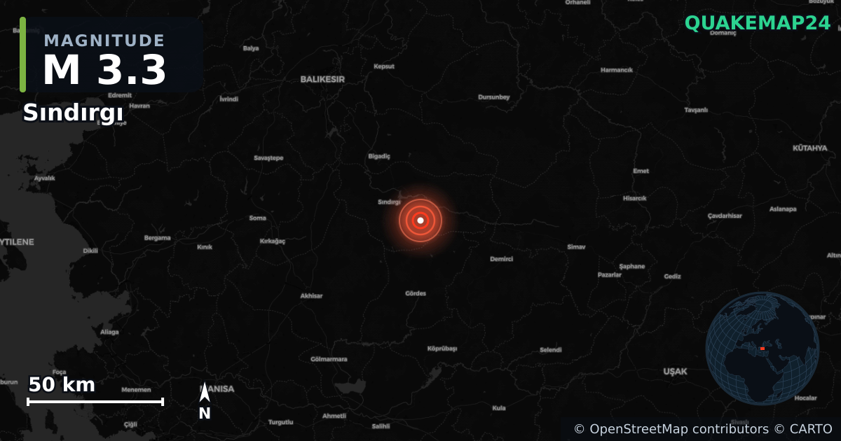 M3.3 earthquake near Sındırgı on Oct 30, 2025 — map of epicenter and shaking intensity | QuakeMap24
