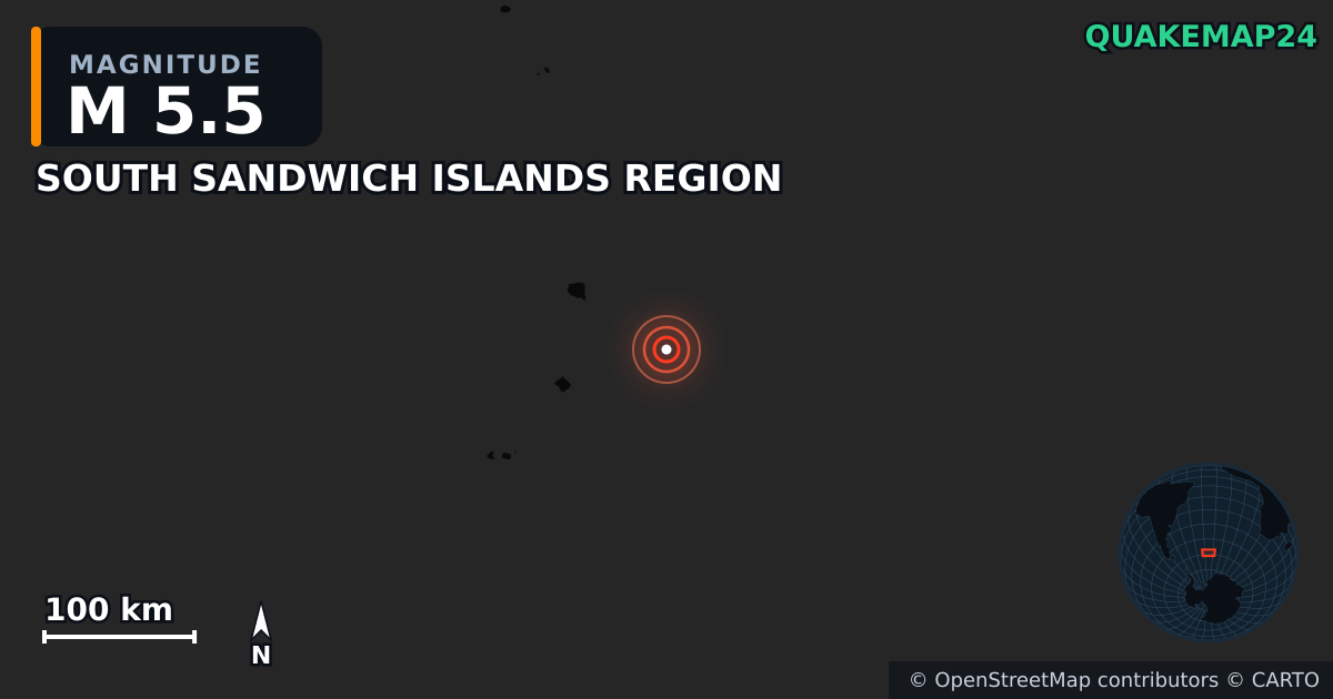 M5.5 earthquake near SOUTH SANDWICH ISLANDS REGION on Dec 8, 2025 — map of epicenter and shaking intensity | QuakeMap24