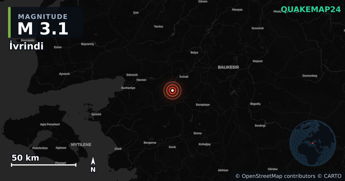 M3.1 earthquake near İvrindi on Nov 3, 2025 — map of epicenter and shaking intensity | QuakeMap24