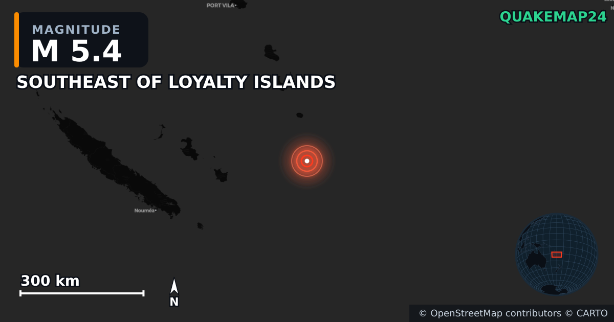 M5.4 earthquake near SOUTHEAST OF LOYALTY ISLANDS on Jun 8, 2026 — map of epicenter and shaking intensity | QuakeMap24