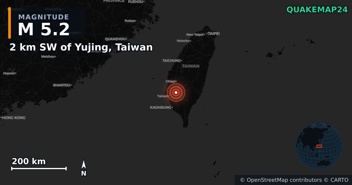 M5.2 earthquake near 2 km SW of Yujing, Taiwan on Jan 25, 2025 — map of epicenter and shaking intensity | QuakeMap24