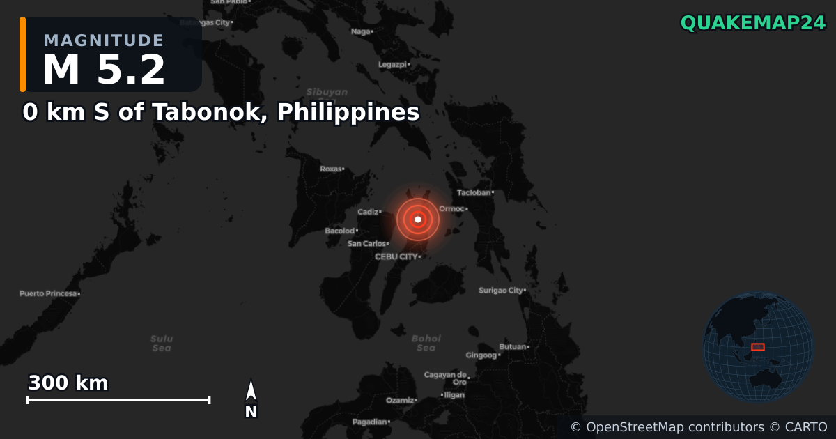 M5.2 earthquake near 0 km S of Tabonok, Philippines on Apr 6, 2026 — map of epicenter and shaking intensity | QuakeMap24