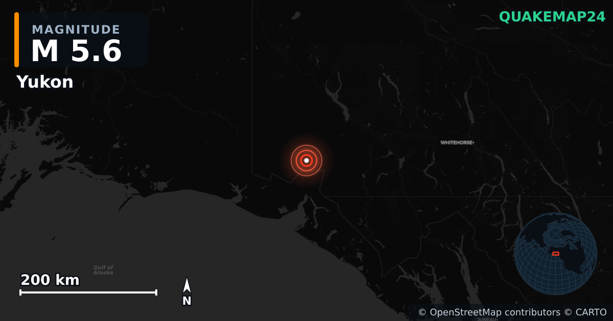 M5.6 earthquake near Yukon on Dec 8, 2025 — map of epicenter and shaking intensity | QuakeMap24