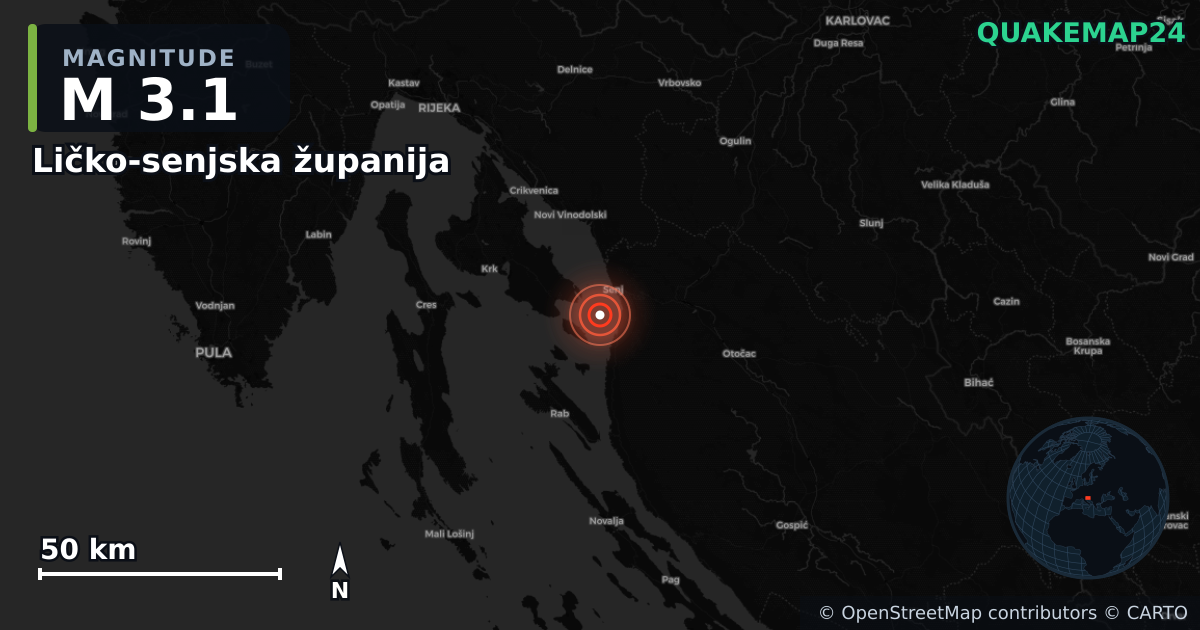 M3.1 earthquake near Ličko-senjska županija on Feb 5, 2026 — map of epicenter and shaking intensity | QuakeMap24