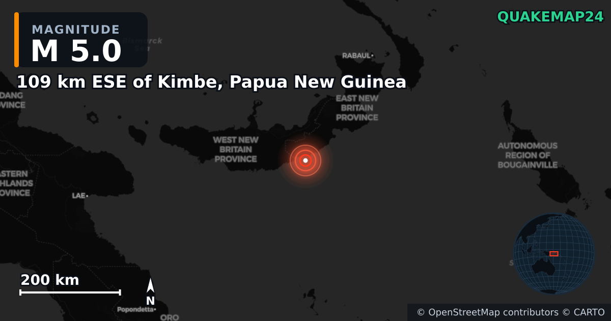 M5.0 earthquake near 109 km ESE of Kimbe, Papua New Guinea on Apr 9, 2025 — map of epicenter and shaking intensity | QuakeMap24