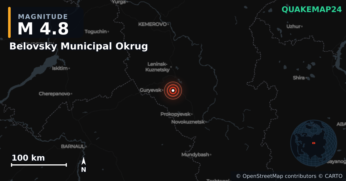 Erdbeben M4,8 bei Belovsky Municipal Okrug, Kemerovo Oblast–Kuzbass (Russland) · 2026-10-23 — Karte der Lage des Epizentrums