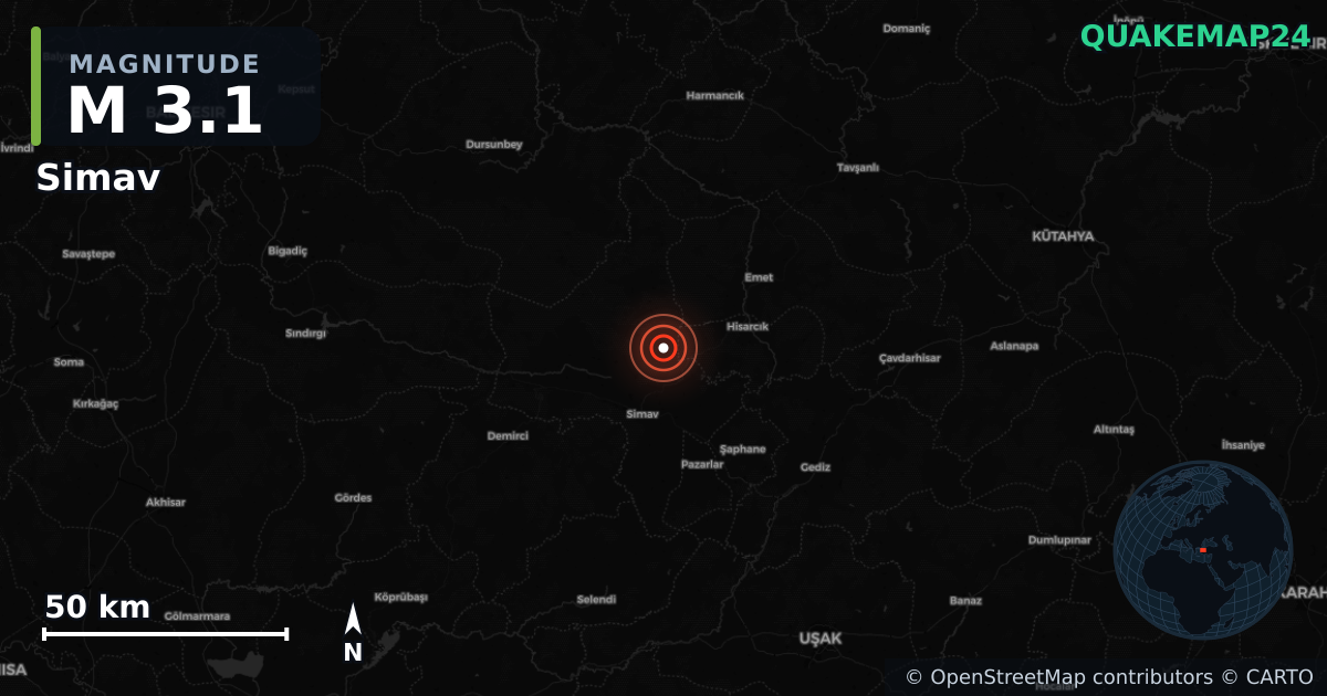 M3.1 earthquake near Simav on Jun 11, 2025 — map of epicenter and shaking intensity | QuakeMap24