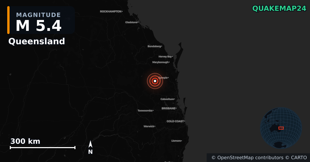 M5.4 earthquake near Queensland on Aug 15, 2025 — map of epicenter and shaking intensity | QuakeMap24