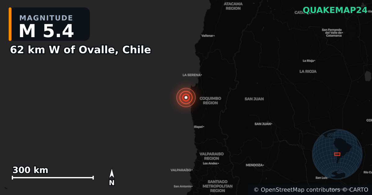 M5.4 earthquake near 62 km W of Ovalle, Chile on Oct 2, 2025 — map of epicenter and shaking intensity | QuakeMap24