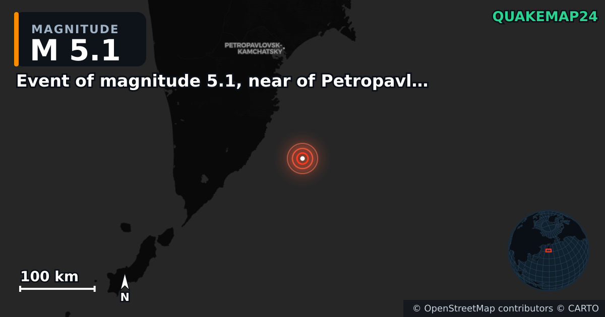 M5.1 earthquake near Event of magnitude 5.1, near of Petropavlovsk Kamchatskiy (Monde) on Oct 31, 2025 — map of epicenter and shaking intensity | QuakeMap24