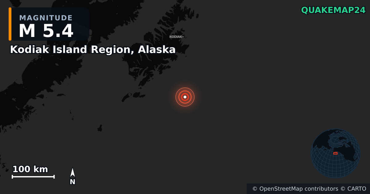 M5.4 earthquake near Kodiak Island Region, Alaska on Sep 1, 2025 — map of epicenter and shaking intensity | QuakeMap24