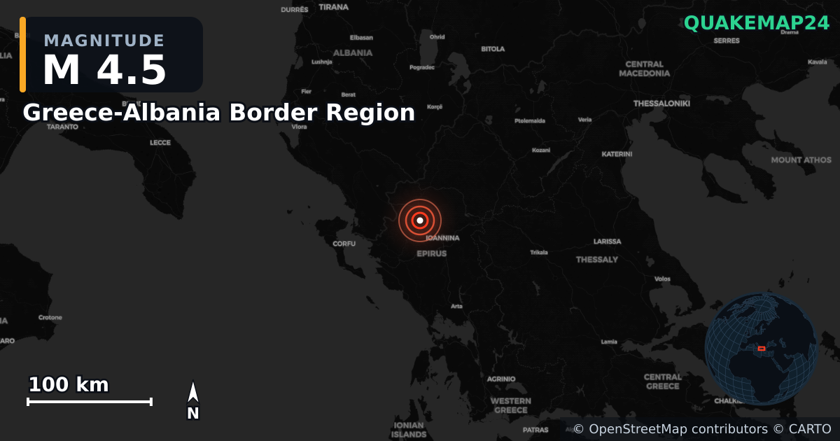 M4.5 earthquake near Greece-Albania Border Region on Apr 6, 2026 — map of epicenter and shaking intensity | QuakeMap24
