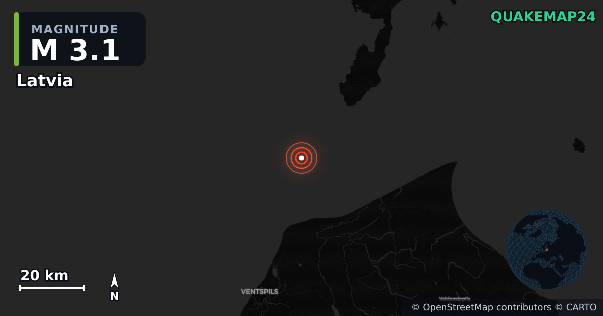 M3.1 earthquake near Latvia on Oct 23, 2025 — map of epicenter and shaking intensity | QuakeMap24