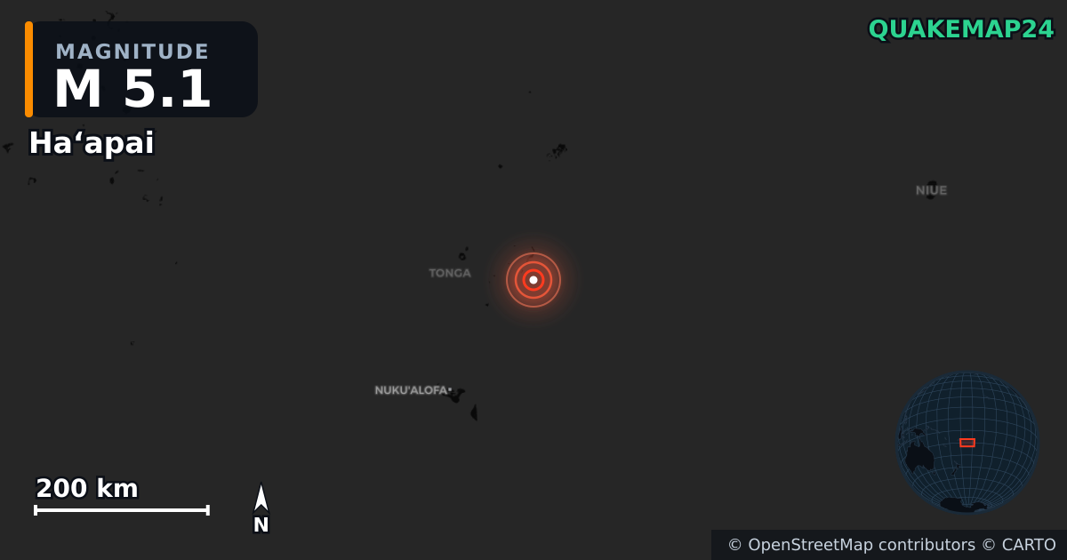 M5.1 earthquake near Haʻapai on Dec 11, 2025 — map of epicenter and shaking intensity | QuakeMap24