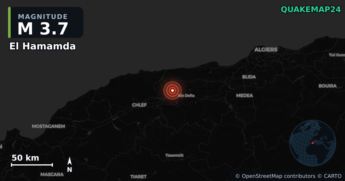 M3.7 earthquake near El Hamamda on Mar 30, 2026 — map of epicenter and shaking intensity | QuakeMap24