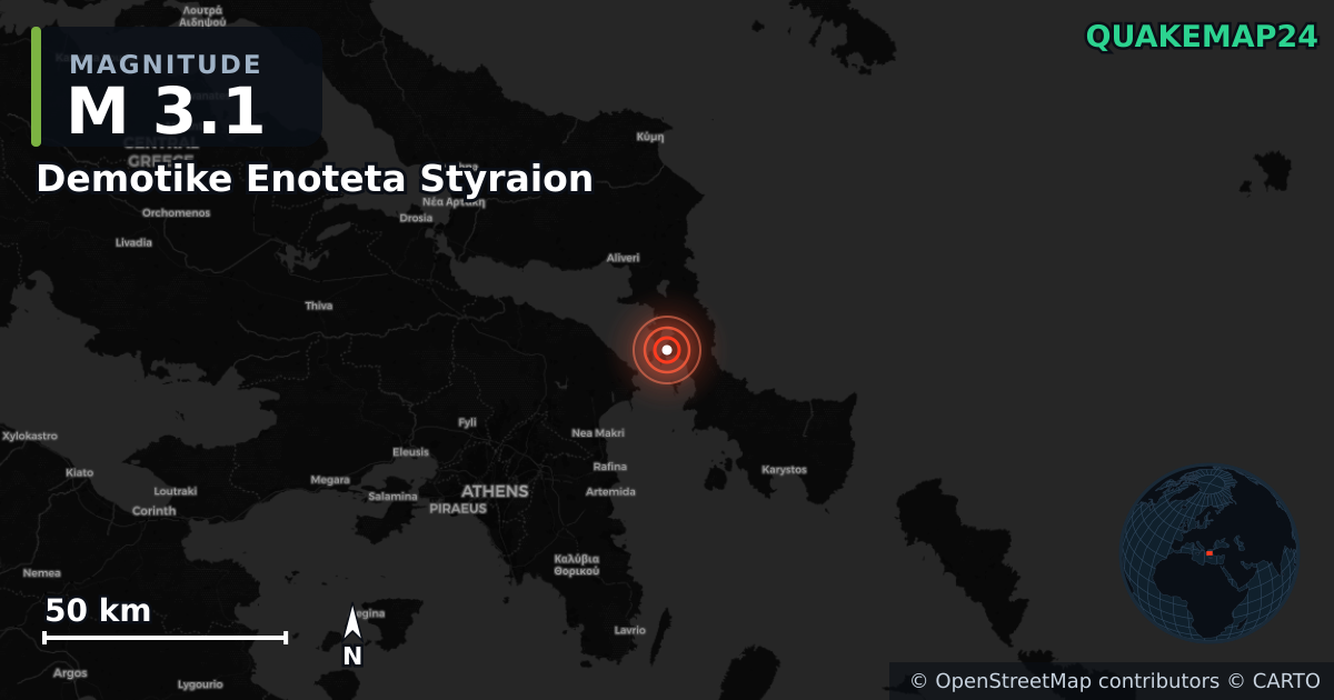 M3.1 earthquake near Demotike Enoteta Styraion on Jan 10, 2026 — map of epicenter and shaking intensity | QuakeMap24