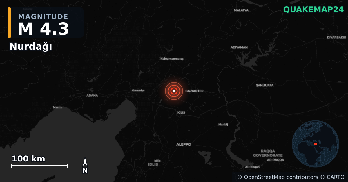 Sismo de M4,3 perto de Nurdağı, Gaziantep (Turquia) · 2026-06-12 — Mapa da localização do epicentro