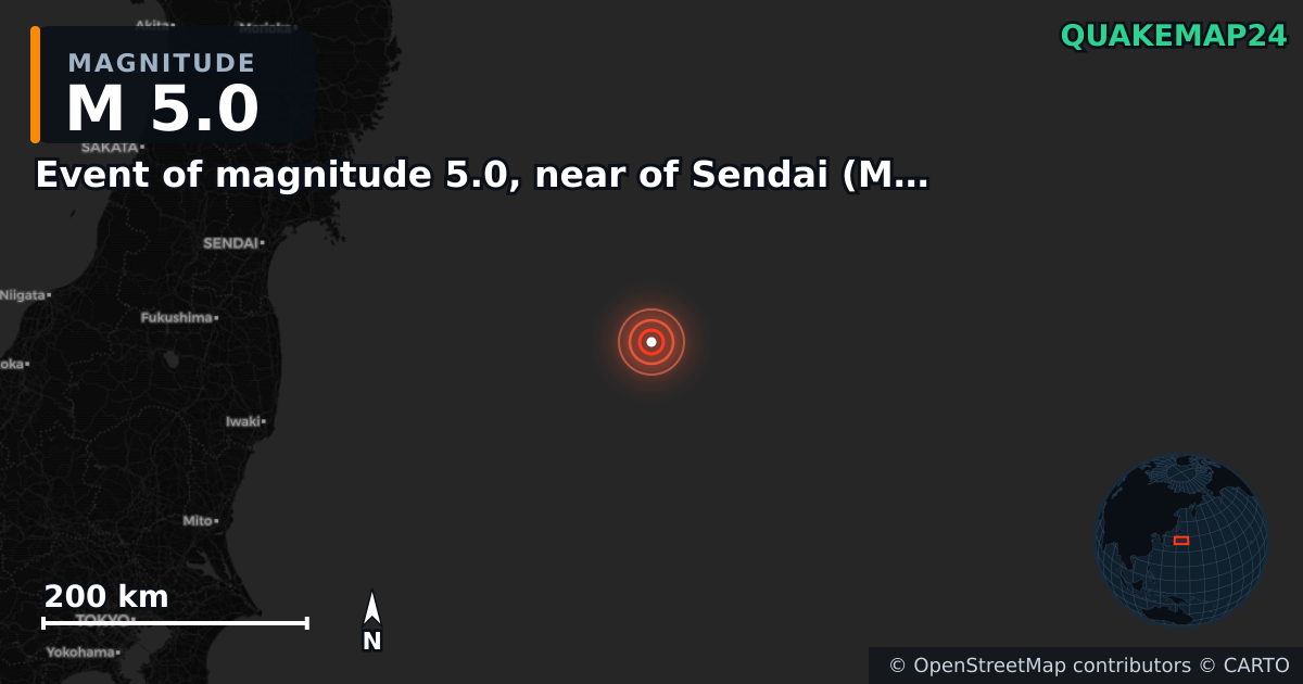 M5.0 earthquake near Event of magnitude 5.0, near of Sendai (Monde) on Oct 6, 2025 — map of epicenter and shaking intensity | QuakeMap24