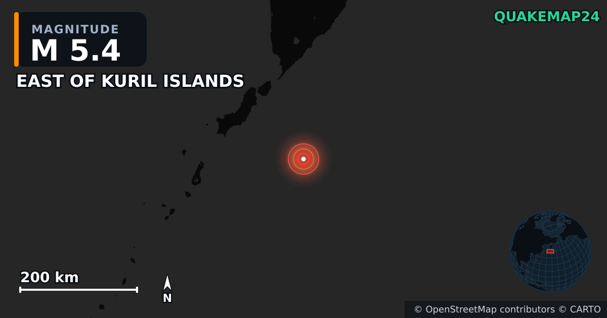 M5.4 earthquake near EAST OF KURIL ISLANDS on Jul 30, 2025 — map of epicenter and shaking intensity | QuakeMap24