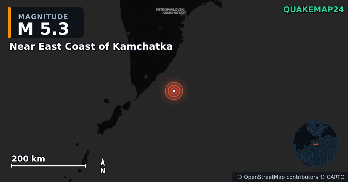M5.3 earthquake near Near East Coast of Kamchatka on Jul 30, 2025 — map of epicenter and shaking intensity | QuakeMap24