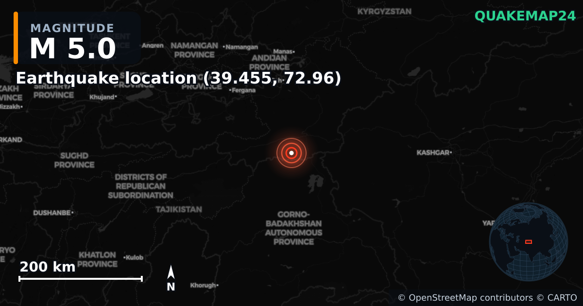 M5.0 earthquake near Earthquake location (39.455, 72.96) on Aug 5, 2025 — map of epicenter and shaking intensity | QuakeMap24