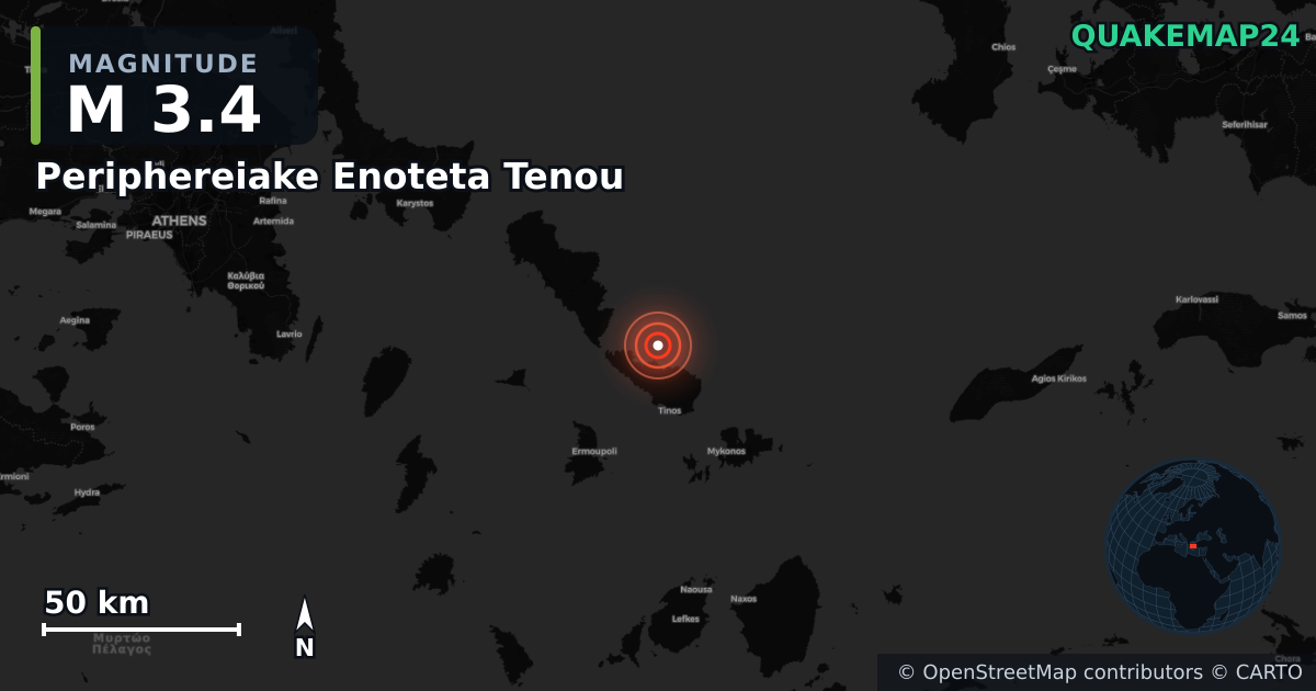 M3.4 earthquake near Periphereiake Enoteta Tenou on Oct 27, 2025 — map of epicenter and shaking intensity | QuakeMap24