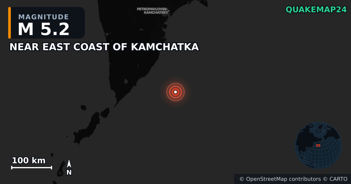 M5.2 earthquake near NEAR EAST COAST OF KAMCHATKA on Jul 30, 2025 — map of epicenter and shaking intensity | QuakeMap24