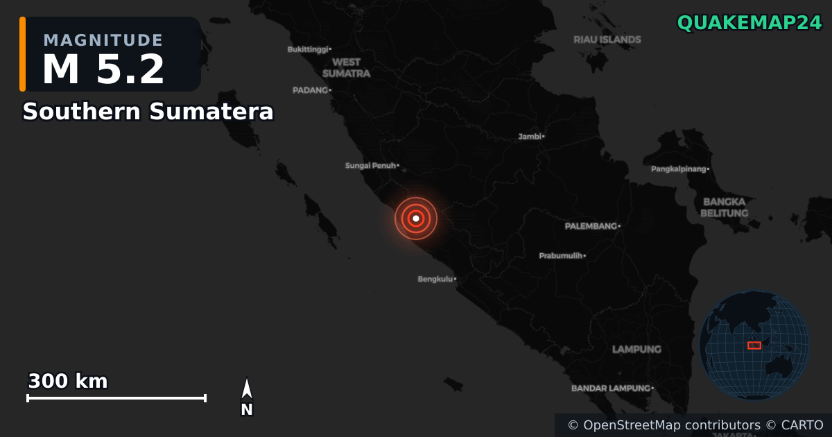 Southern Sumatera yakınında M5,2 deprem — Deprem merkez üssünün konumunu gösteren harita