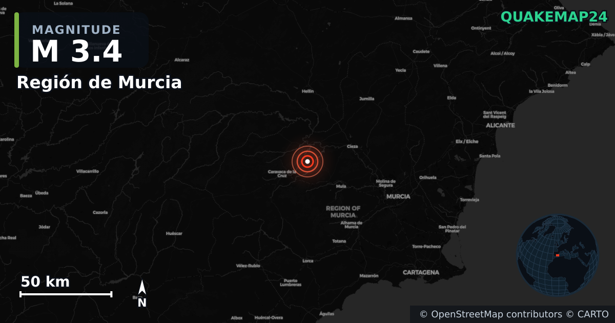 M3.4 earthquake near Región de Murcia on Sep 18, 2025 — map of epicenter and shaking intensity | QuakeMap24
