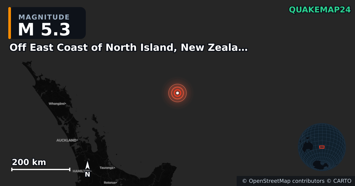 M5.3 earthquake near Off East Coast of North Island, New Zealand on Apr 4, 2026 — map of epicenter and shaking intensity | QuakeMap24