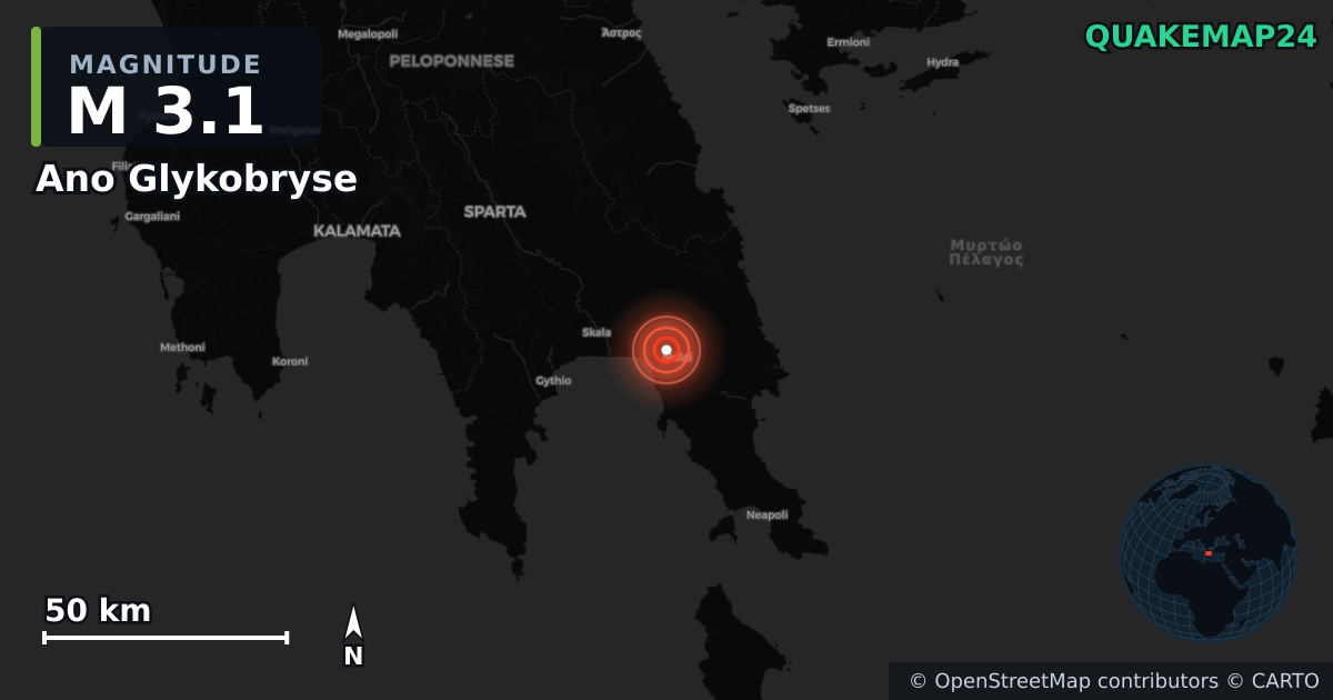 M3.1 earthquake near Ano Glykobryse on Jan 11, 2026 — map of epicenter and shaking intensity | QuakeMap24