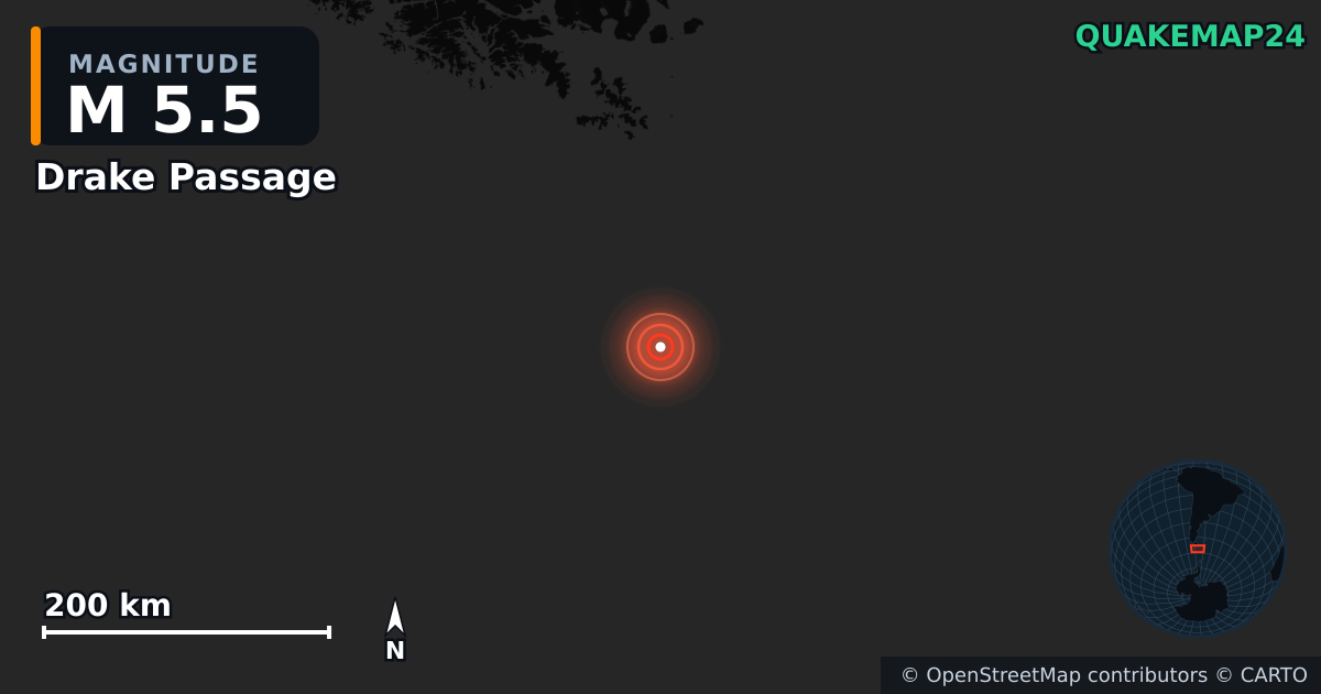 Drake Passage yakınında M5,5 deprem — Deprem merkez üssünün konumunu gösteren harita