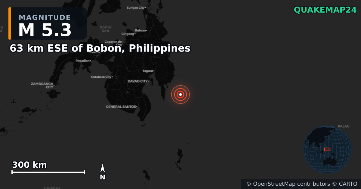 M5.3 Earthquake near 63 km ESE of Bobon, Philippines · 2026-06-18 — Map showing the location of the epicenter