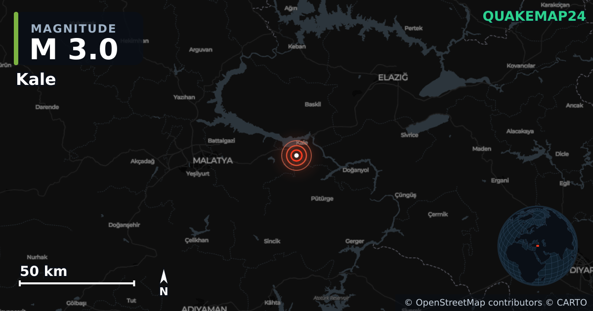 Sismo de M3,0 perto de Kale, Malatya (Turquia) · 2026-10-23 — Mapa da localização do epicentro