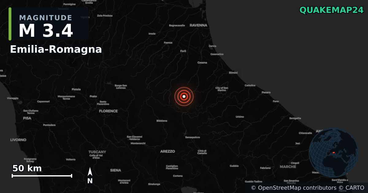 M3.4 earthquake near Emilia-Romagna on Jan 2, 2026 — map of epicenter and shaking intensity | QuakeMap24