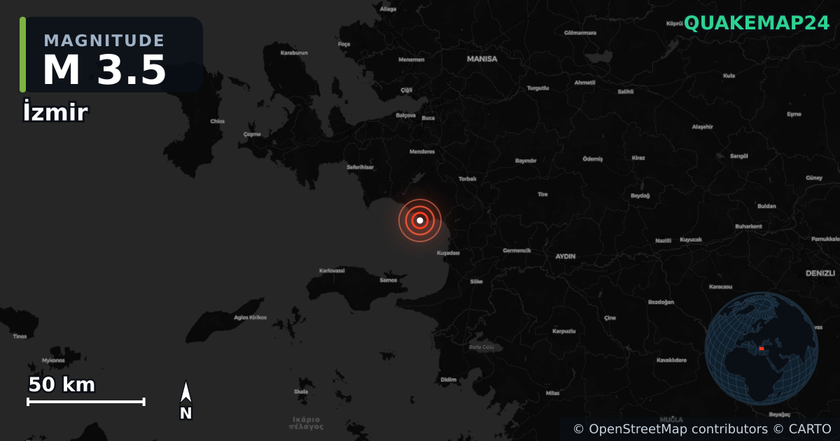 M3.5 earthquake near İzmir on Nov 18, 2025 — map of epicenter and shaking intensity | QuakeMap24